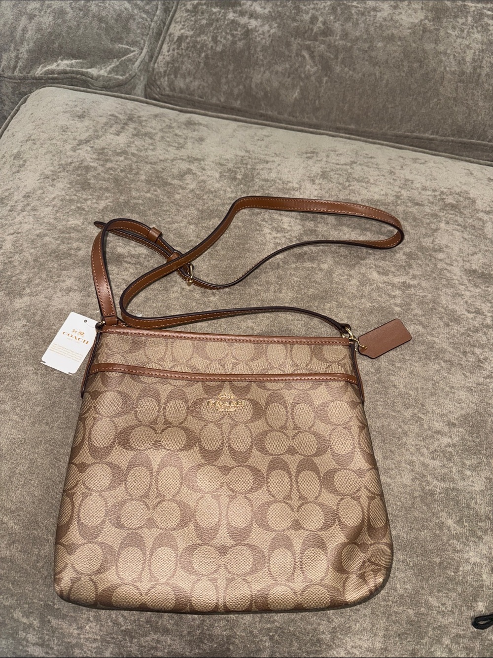 Coach Tan Signature Canvas Crossbody Bag with Brown Leather Trim